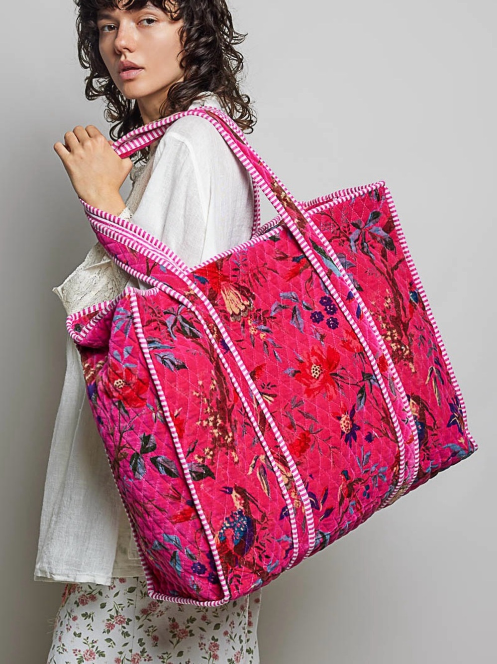 POL Fuchsia Pink Floral Quilted Velvet Tote Bag | Oversized Shopper
